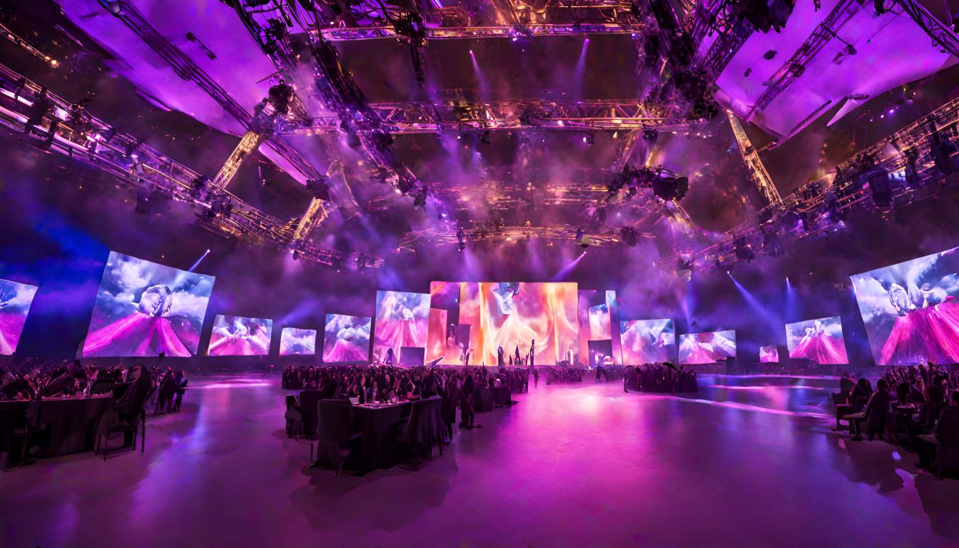 "Evento Espectacular Mian Producciones 2024: Luces deslumbrantes, pantallas LED impactantes y participación activa de la audiencia."